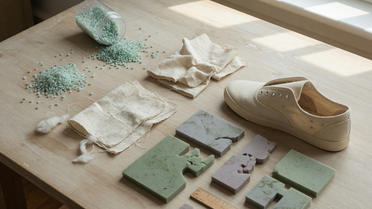 Sustainable sneaker materials on a workbench